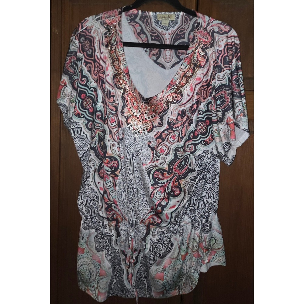 One World Paisley Studded V-Neck Tunic Top Womens Large Pink Teal Excellent